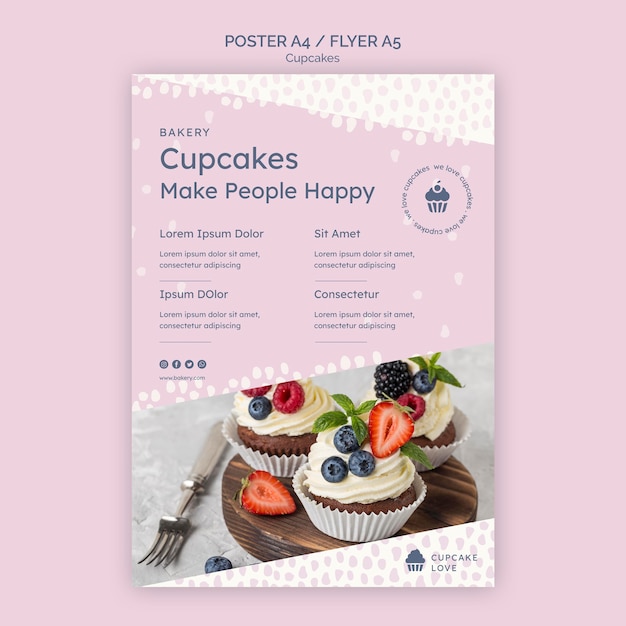 PSD gratuito modello di volantino delizioso cupcakes con foto