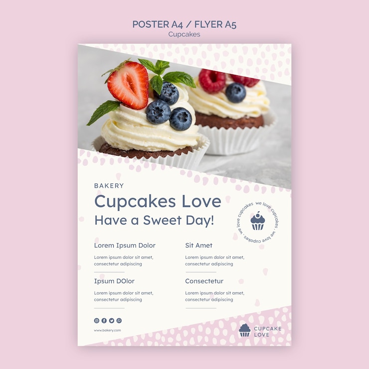 Free PSD delicious cupcakes flyer template with photo