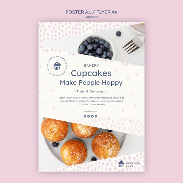 PSD gratuito modello di volantino delizioso cupcakes