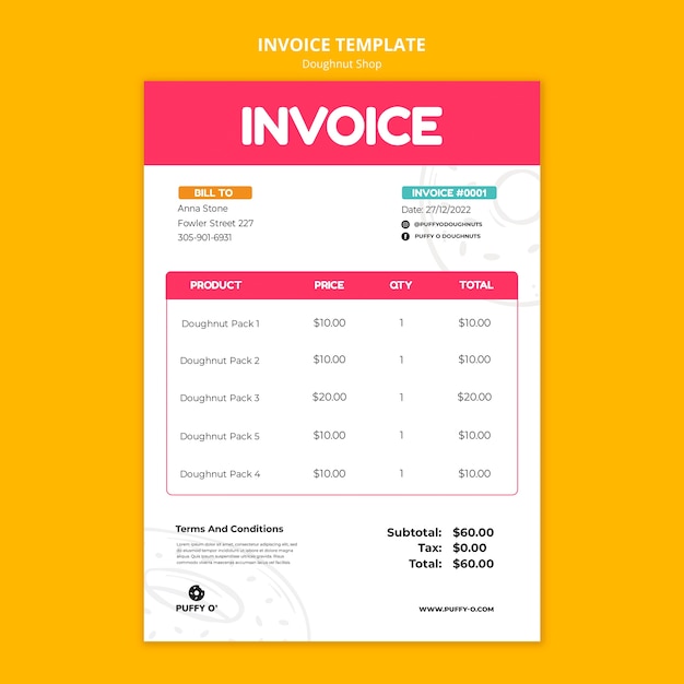 Free PSD delicious doughnut shop invoice template