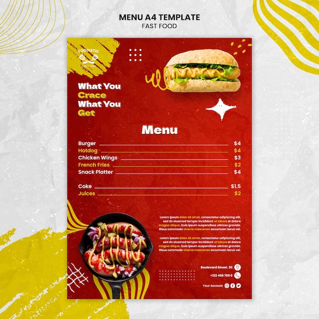 PSD gratuito delizioso modello di menu per fast food