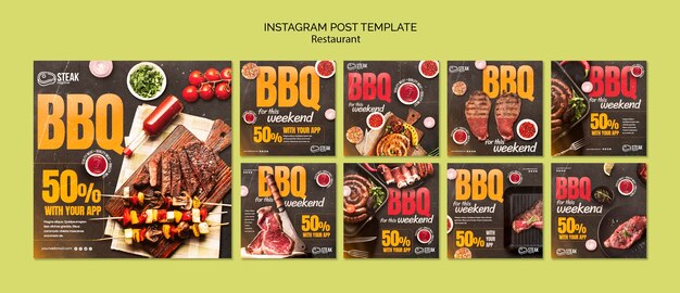 PSD gratuito set di post instagram del ristorante di cibo delizioso