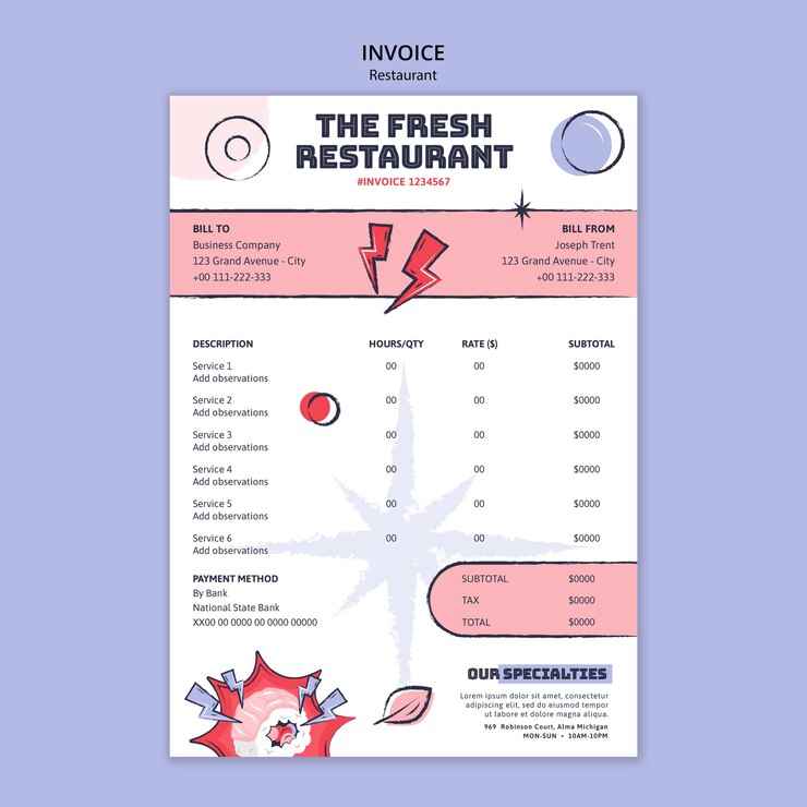 無料PSD おいしいレストランの請求書テンプレート