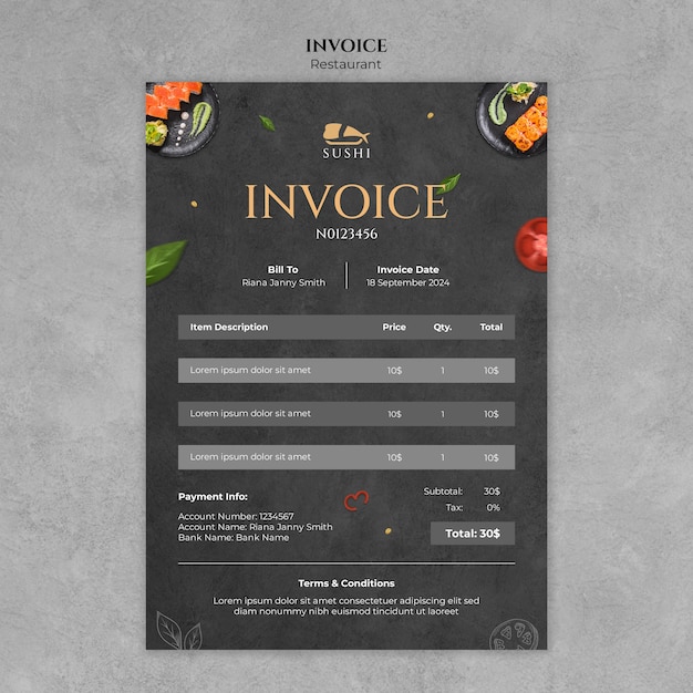 Free PSD delicious food restaurant invoice template