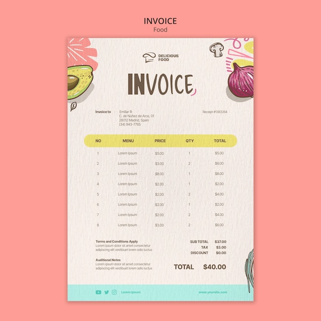 Free PSD delicious food restaurant  invoice template