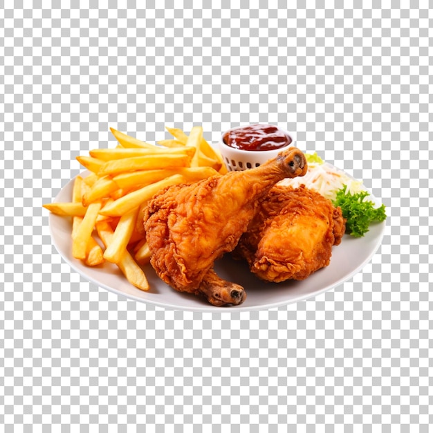 Бесплатный PSD Вкусная жареная курица с картошкой фри изолирована на прозрачном фоне
