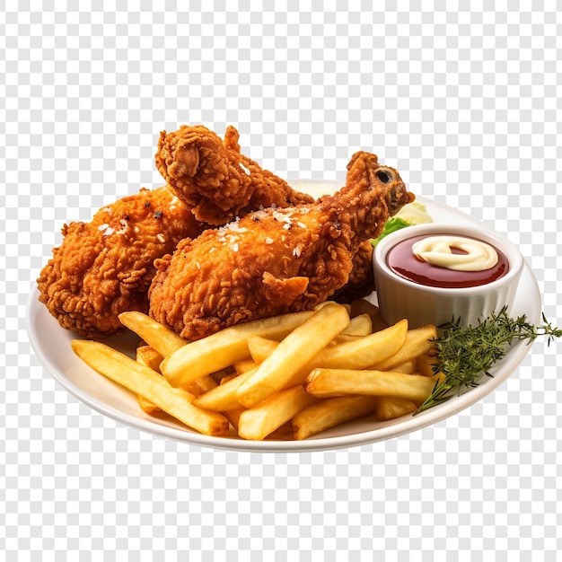 Delicious fried chicken with french fries isolated on transparent background