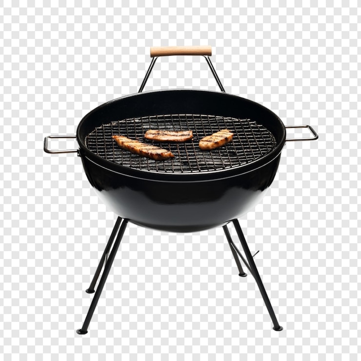 Free PSD delicious grilled meat on a black kettle bbq grill