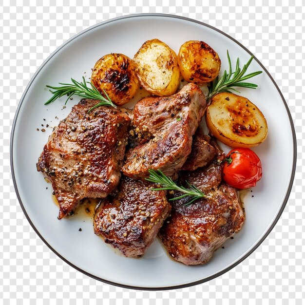 Вкусное мясо на гриле с жареной картошкой и розмарином