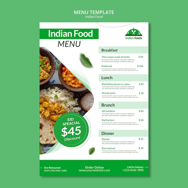PSD gratuito delizioso modello di menu di cibo indiano