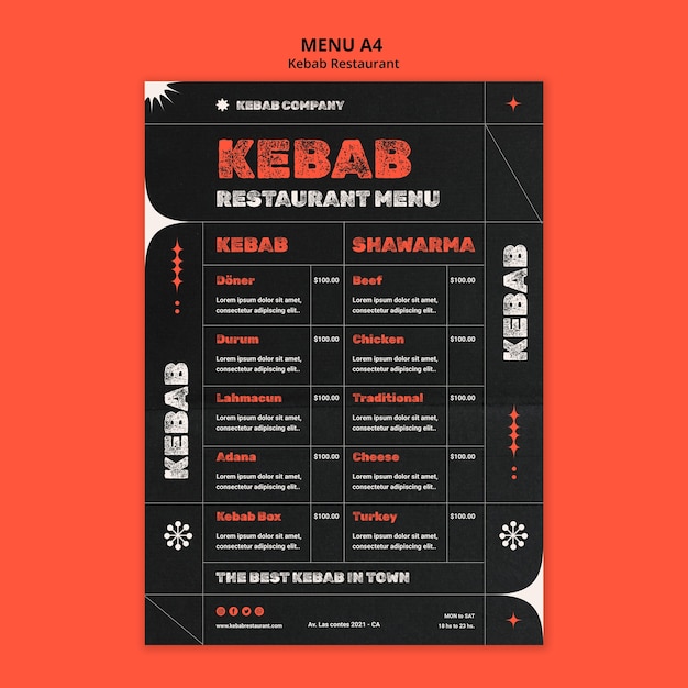 Delizioso modello di menu del ristorante kebab