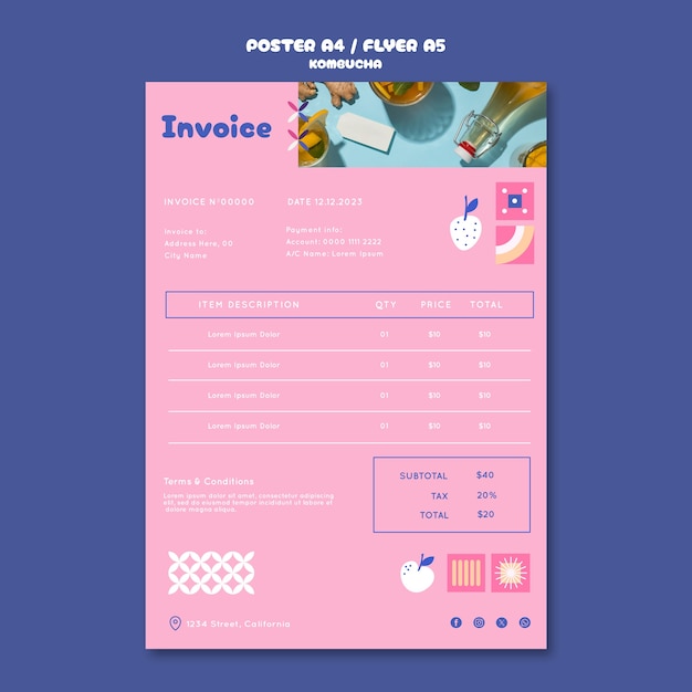 Free PSD delicious kombucha invoice template