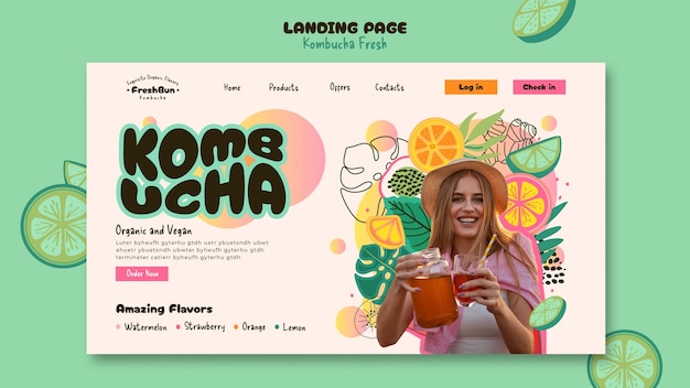 PSD gratuito delizioso modello di pagina di destinazione kombucha