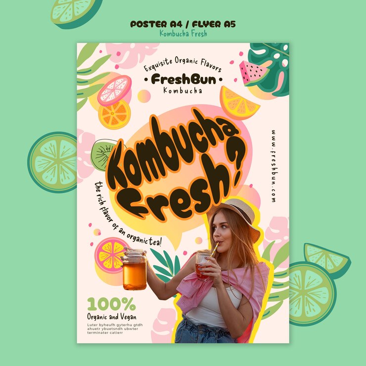 無料PSD おいしいコンブチャ ポスター テンプレート