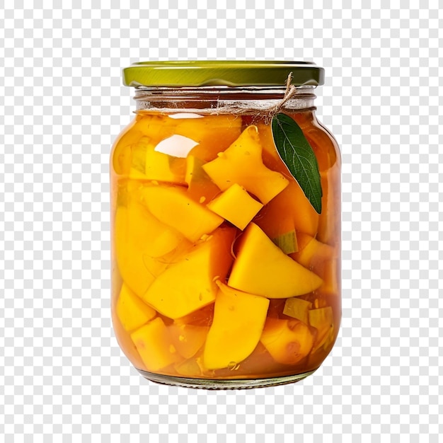 Delizioso sottaceto di mango in barattolo di vetro isolato su uno sfondo trasparente