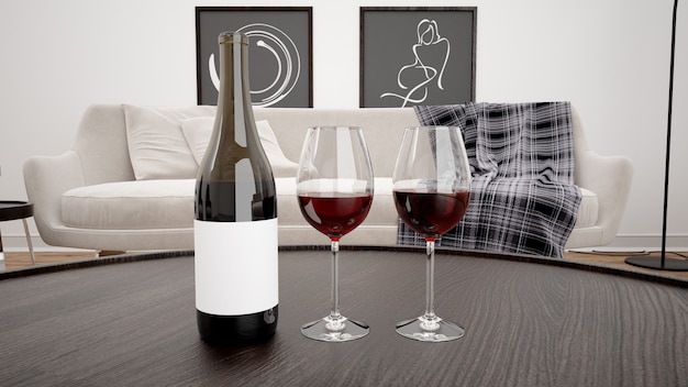 Free PSD delicious red wine in a modern living room mockup