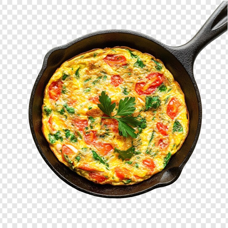 Free PSD delicious spinach and tomato omelette in cast iron pan