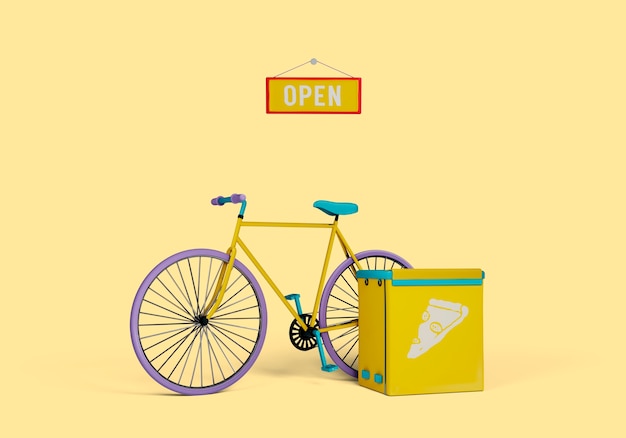 PSD gratuito consegna illustrazione 3d con bici e segno aperto