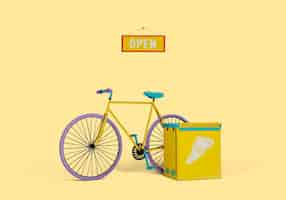 Free PSD delivery 3d illustration with bike and open sign