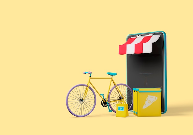 Delivery 3d illustration with bike and shop door