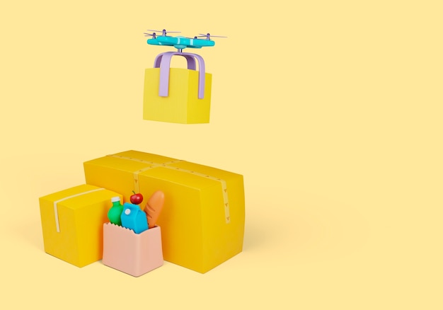 Delivery 3d illustration with groceries and drone