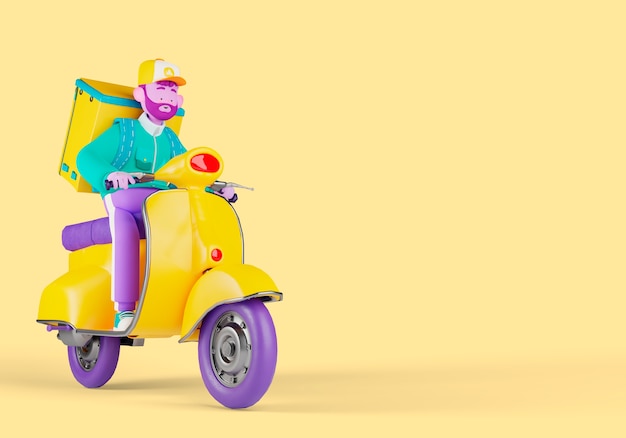 Бесплатный PSD Доставка 3d иллюстрации с человеком на скутере с рюкзаком