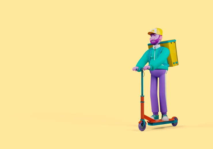 Free PSD delivery 3d illustration with person on electric scooter