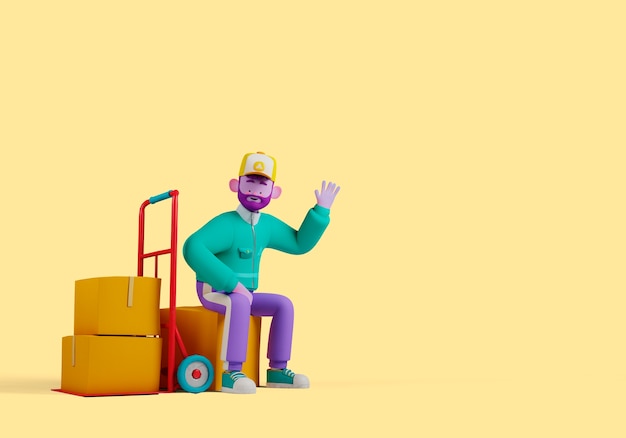 Delivery 3d illustration with person waving while sitting next to boxes