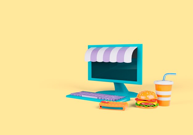 Delivery 3d illustration with personal computer and fast food