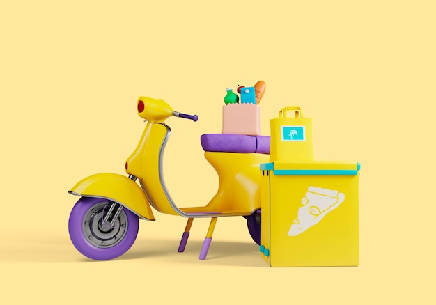 Доставка 3d иллюстрации со скутером и продуктами