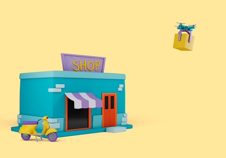 मुफ़्त PSD delivery 3d illustration with shop and drone