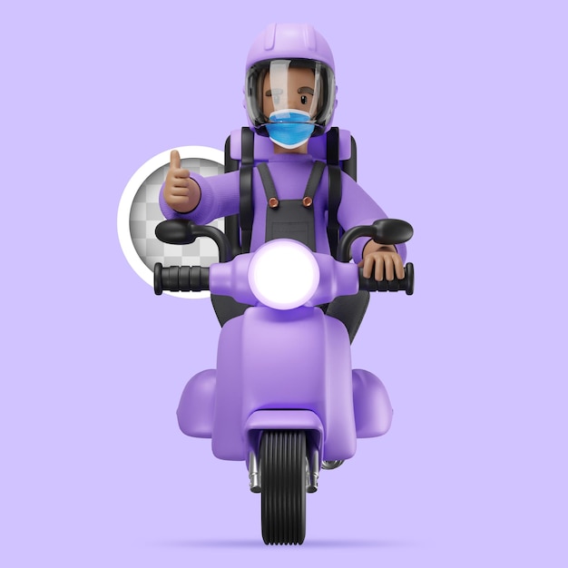 Personaggio di consegna su scooter con il pollice in su illustrazione 3d