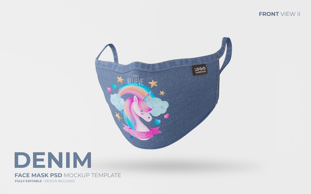 Denim face mask mockup with cute design