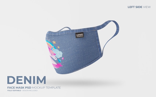 Denim face mask mockup with unicorn design