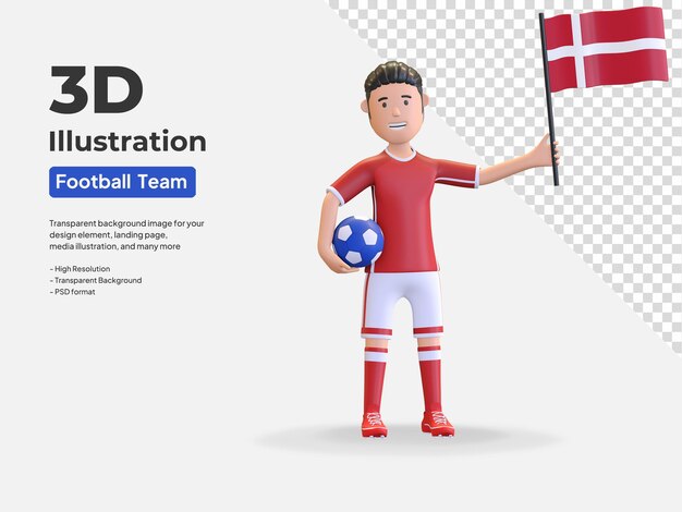 Denmark national football player character man holding ball and country flag 3d render illustration