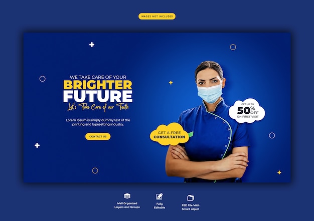 Modello di banner web dentista e cure odontoiatriche