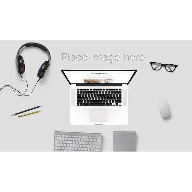 Desktop mock up with glasses and headphones