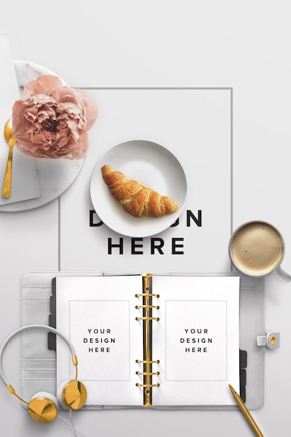 Free PSD desktop mockup with an agenda and breakfast