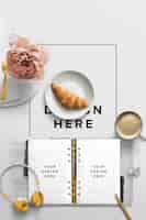 Free PSD desktop mockup with an agenda and breakfast