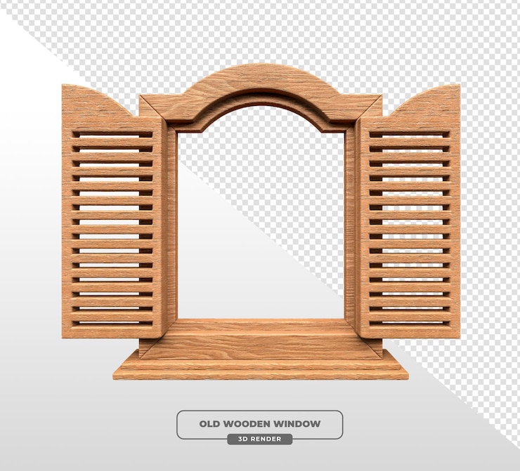 無料PSD オープンシャッターを持つ古い木製の窓の詳細な3dレンダリング