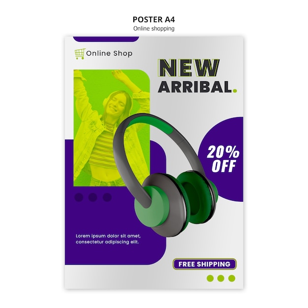 Free PSD devices online shop poster template with headphones