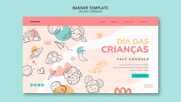 Free PSD dia das criancas landing page template with drawings