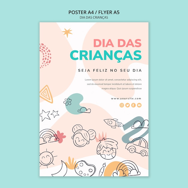 Бесплатный PSD Шаблон вертикального плаката dia das criancas с рисунками