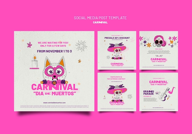 Free PSD dia de muertos carnival social media posts