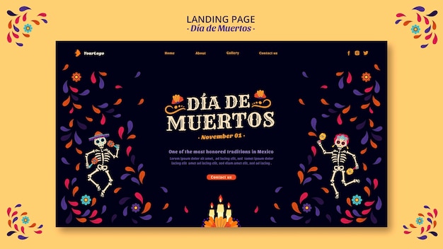 Free PSD dia de muertos skeletons and confetti landing page