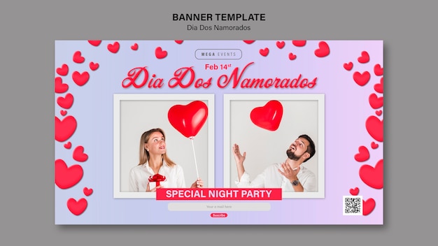 Free PSD dia dos namorados horizontal banner template with hearts