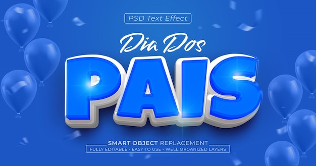 Текст dia dos pais в бразилии с глянцевым текстовым эффектом, редактируемый 3d-стиль
