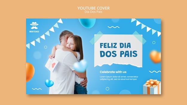 Dia dos pais youtube cover template with balloons and hearts