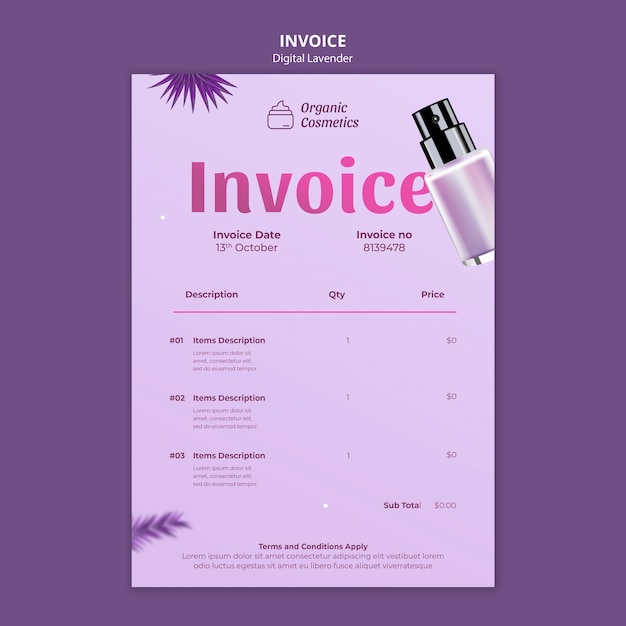 Free PSD digital lavender invoice template