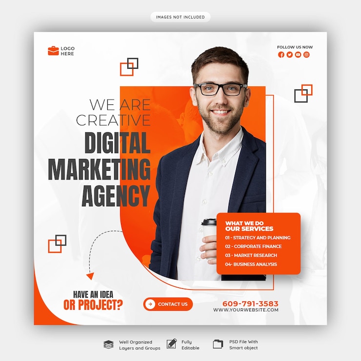 Free PSD digital marketing agency and corporate social media banner or instagram post template